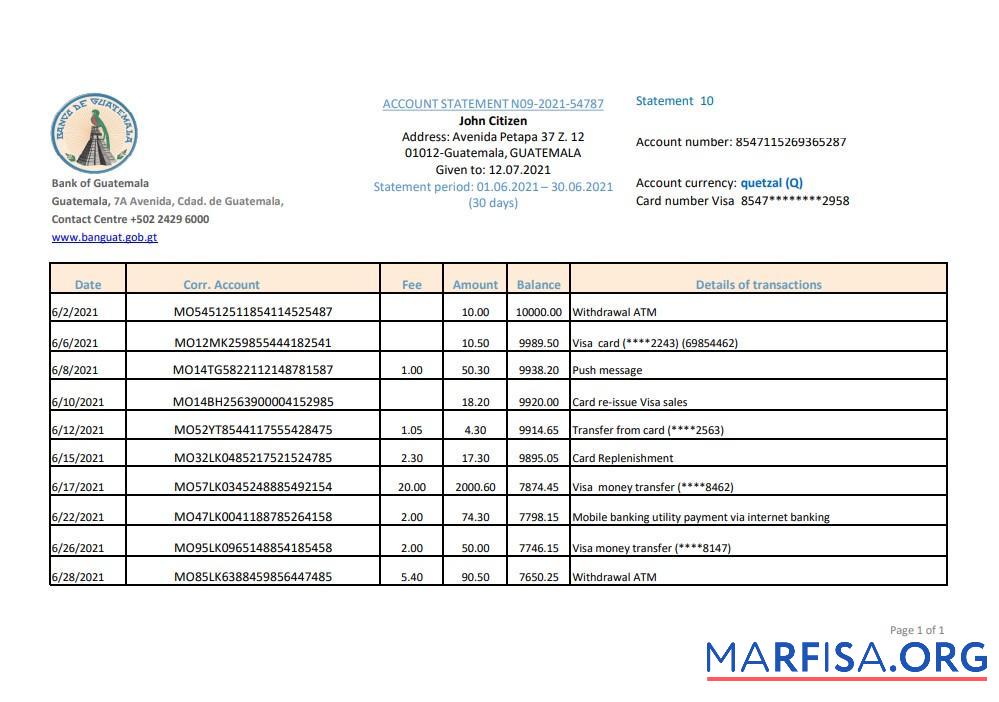 Blank Guatemala Banco de Guatemala bank statement excel real example